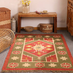 Handwoven Southwestern Kilim Rug Red & Olive Green Geometric Wool Jute Area Rug
