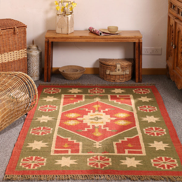 Handwoven Southwestern Kilim Rug Red & Olive Green Geometric Wool Jute Area Rug