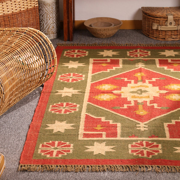 Handwoven Southwestern Kilim Rug Red & Olive Green Geometric Wool Jute Area Rug