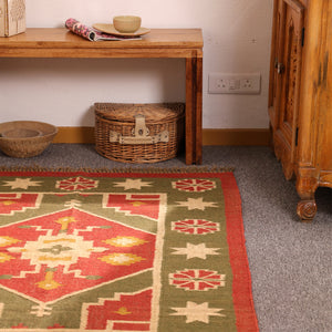 Handwoven Southwestern Kilim Rug Red & Olive Green Geometric Wool Jute Area Rug