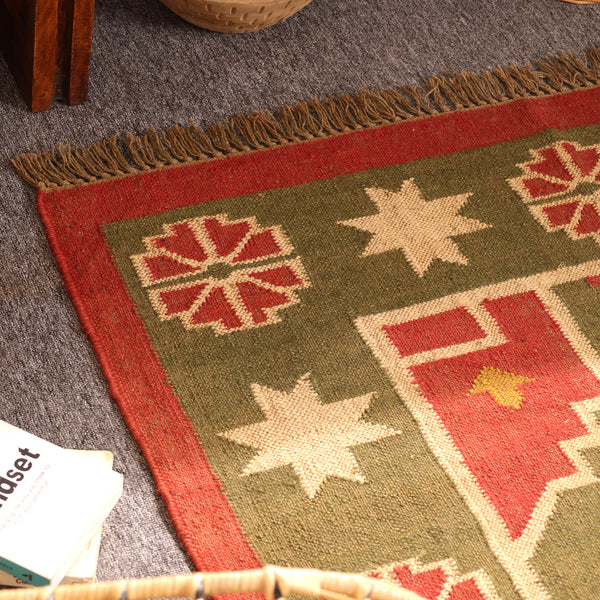 Handwoven Southwestern Kilim Rug Red & Olive Green Geometric Wool Jute Area Rug