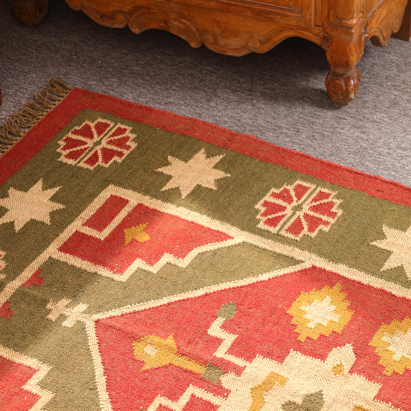 Handwoven Southwestern Kilim Rug Red & Olive Green Geometric Wool Jute Area Rug