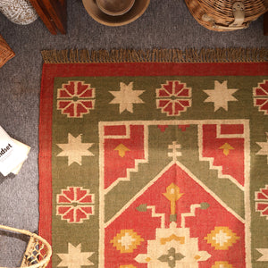 Handwoven Southwestern Kilim Rug Red & Olive Green Geometric Wool Jute Area Rug