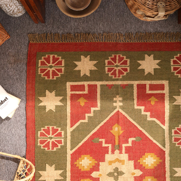 Handwoven Southwestern Kilim Rug Red & Olive Green Geometric Wool Jute Area Rug