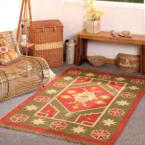 Handwoven Southwestern Kilim Rug Red & Olive Green Geometric Wool Jute Area Rug