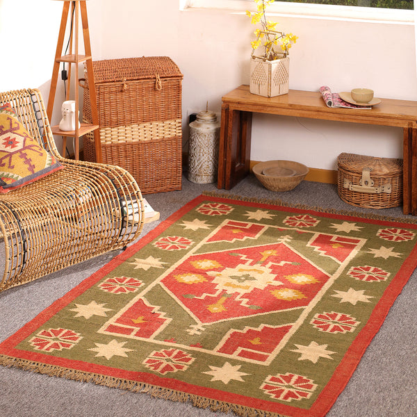 Handwoven Southwestern Kilim Rug Red & Olive Green Geometric Wool Jute Area Rug