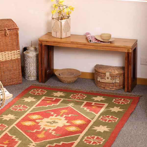 Handwoven Southwestern Kilim Rug Red & Olive Green Geometric Wool Jute Area Rug