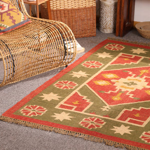 Handwoven Southwestern Kilim Rug Red & Olive Green Geometric Wool Jute Area Rug