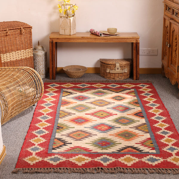 Handwoven Kilim Area Rug - Red Geometric Wool Cotton Flatweave Rug