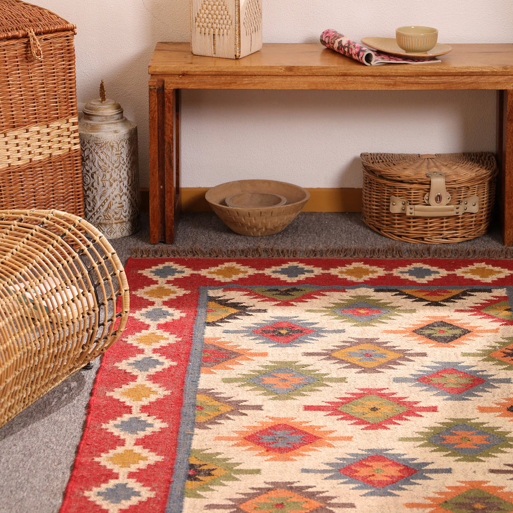Handwoven Kilim Area Rug - Red Geometric Wool Cotton Flatweave Rug