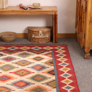 Handwoven Kilim Area Rug - Red Geometric Wool Cotton Flatweave Rug