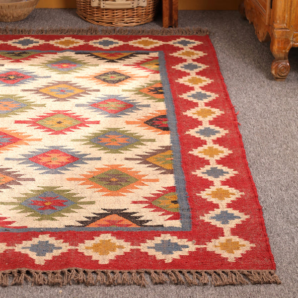 Handwoven Kilim Area Rug - Red Geometric Wool Cotton Flatweave Rug