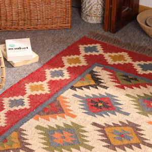 Handwoven Kilim Area Rug - Red Geometric Wool Cotton Flatweave Rug