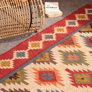 Handwoven Kilim Area Rug - Red Geometric Wool Cotton Flatweave Rug