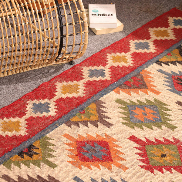 Handwoven Kilim Area Rug - Red Geometric Wool Cotton Flatweave Rug