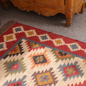 Handwoven Kilim Area Rug - Red Geometric Wool Cotton Flatweave Rug