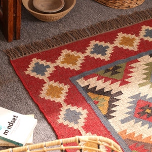 Handwoven Kilim Area Rug - Red Geometric Wool Cotton Flatweave Rug
