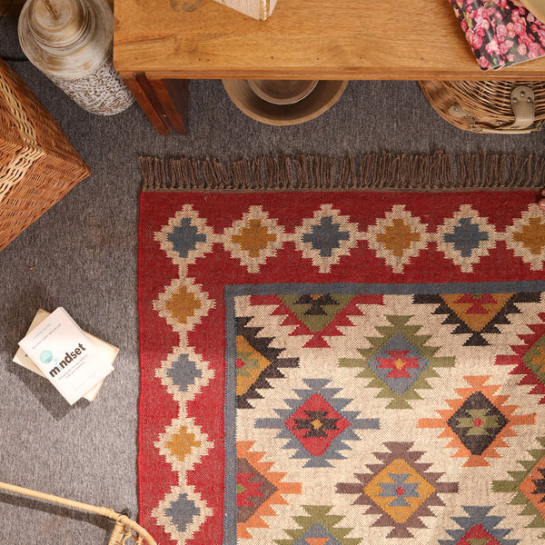 Handwoven Kilim Area Rug - Red Geometric Wool Cotton Flatweave Rug