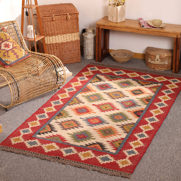 Handwoven Kilim Area Rug - Red Geometric Wool Cotton Flatweave Rug