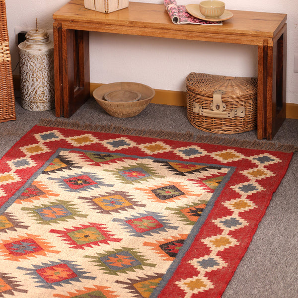 Handwoven Kilim Area Rug - Red Geometric Wool Cotton Flatweave Rug
