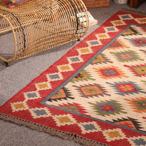 Handwoven Kilim Area Rug - Red Geometric Wool Cotton Flatweave Rug