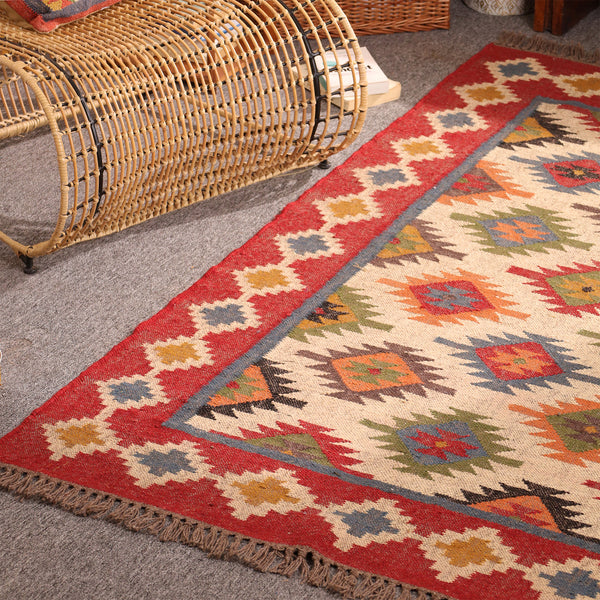 Handwoven Kilim Area Rug - Red Geometric Wool Cotton Flatweave Rug