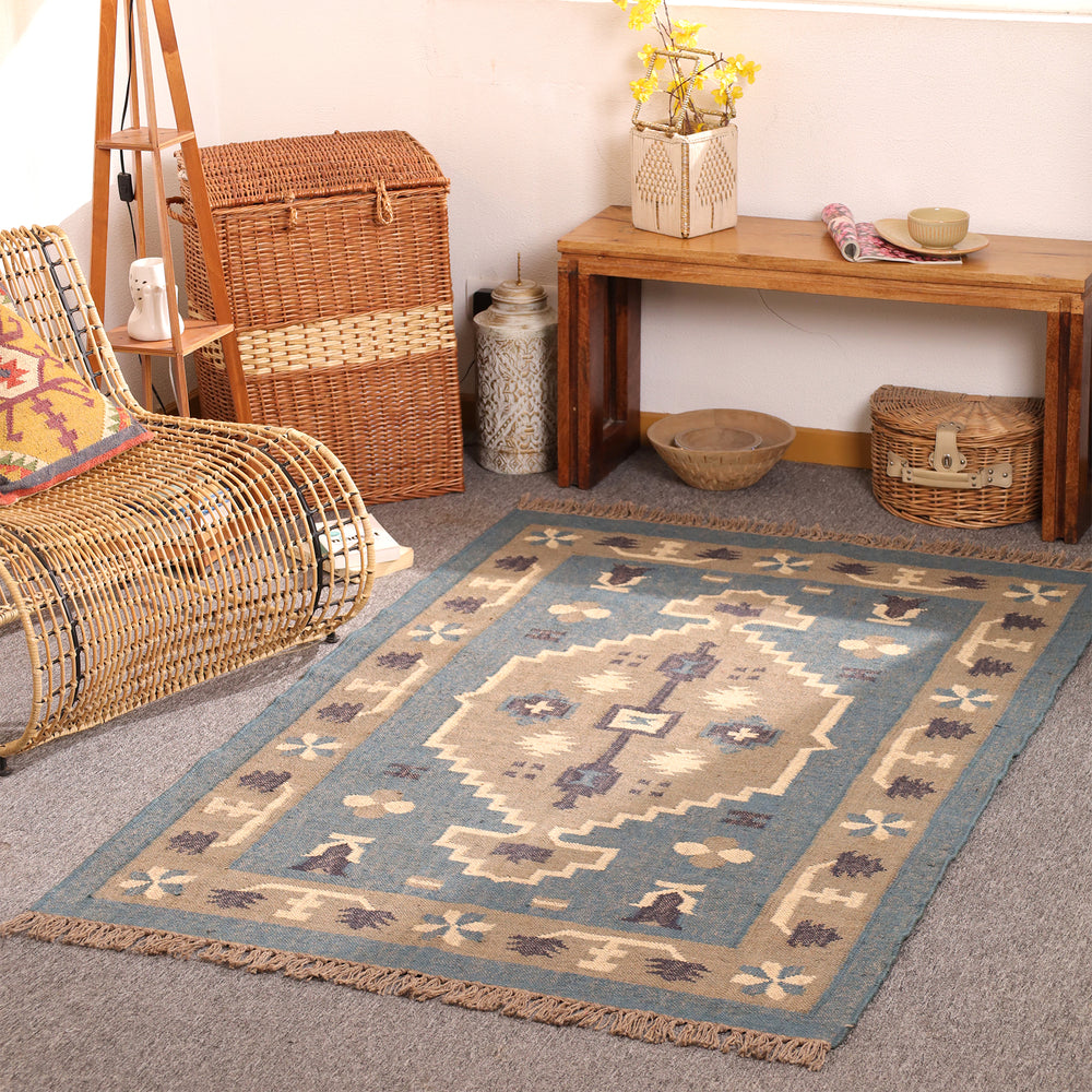 Vintage Blue Kilim Rug - Handwoven Tribal Area Rug for Modern & Farmhouse Homes