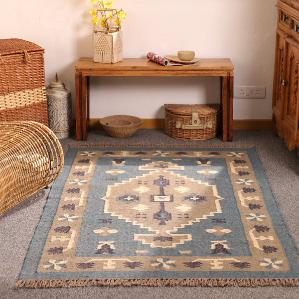 Vintage Blue Kilim Rug - Handwoven Tribal Area Rug for Modern & Farmhouse Homes