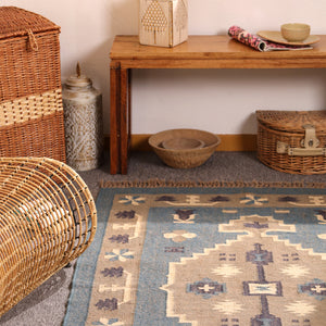 Vintage Blue Kilim Rug - Handwoven Tribal Area Rug for Modern & Farmhouse Homes