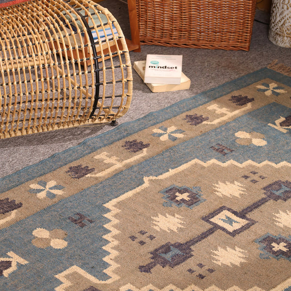 Vintage Blue Kilim Rug - Handwoven Tribal Area Rug for Modern & Farmhouse Homes
