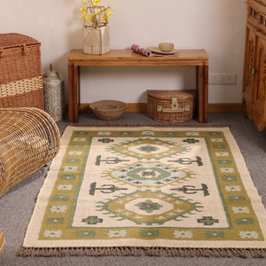 Handmade Olive Green kilim Rug - Tribal Wool Area Rug for Living Room