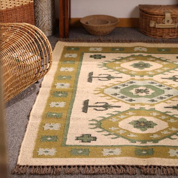 Handmade Olive Green kilim Rug - Tribal Wool Area Rug for Living Room