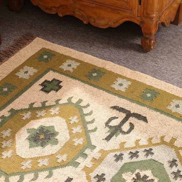 Handmade Olive Green kilim Rug - Tribal Wool Area Rug for Living Room
