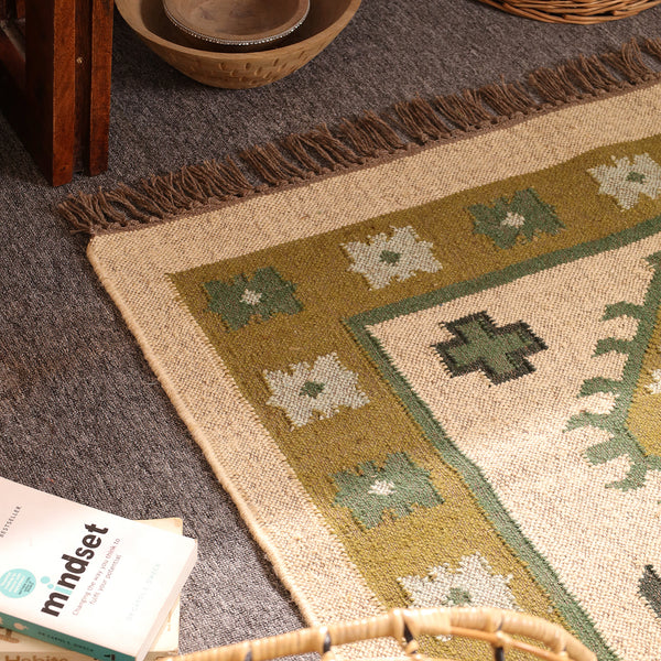 Handmade Olive Green kilim Rug - Tribal Wool Area Rug for Living Room