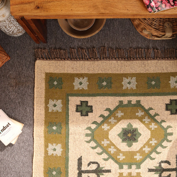 Handmade Olive Green kilim Rug - Tribal Wool Area Rug for Living Room