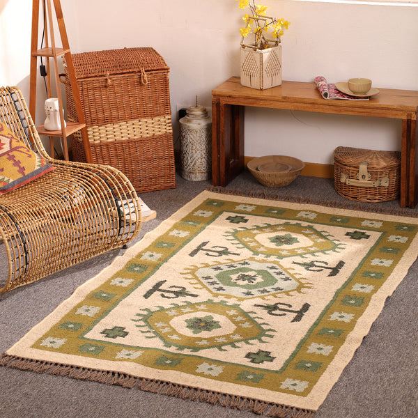 Handmade Olive Green kilim Rug - Tribal Wool Area Rug for Living Room