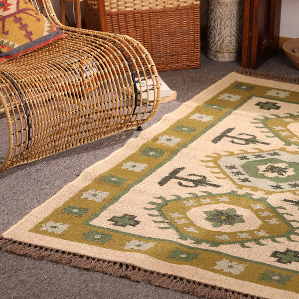 Handmade Olive Green kilim Rug - Tribal Wool Area Rug for Living Room