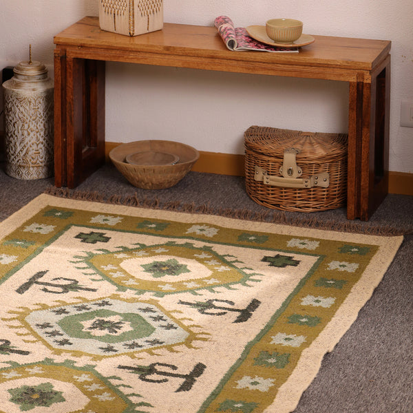 Handmade Olive Green kilim Rug - Tribal Wool Area Rug for Living Room