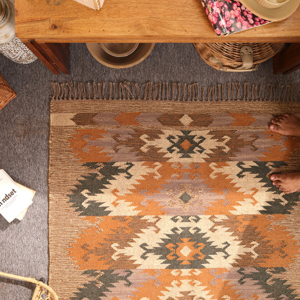 Handwoven Southwestern  Kilim Area Rug Handmade Jute & Wool Tribal Rug