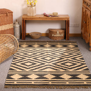 Handwoven Black & Natural Kilim Area Rug Handmade Geometric Jute Rug