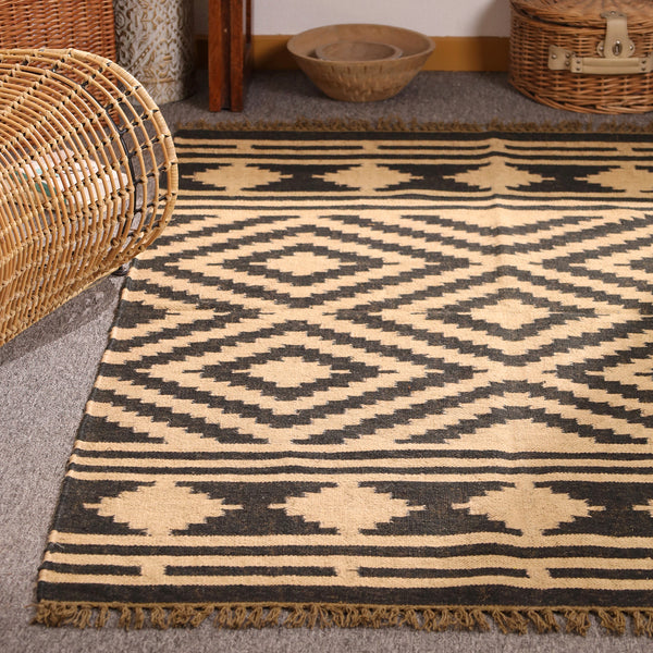 Handwoven Black & Natural Kilim Area Rug Handmade Geometric Jute Rug