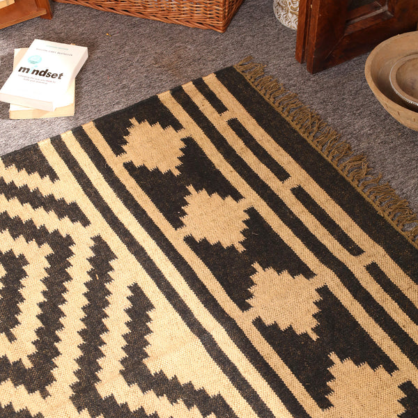 Handwoven Black & Natural Kilim Area Rug Handmade Geometric Jute Rug