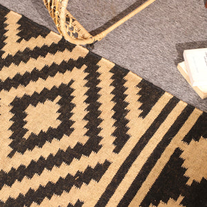 Handwoven Black & Natural Kilim Area Rug Handmade Geometric Jute Rug