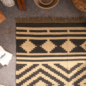 Handwoven Black & Natural Kilim Area Rug Handmade Geometric Jute Rug
