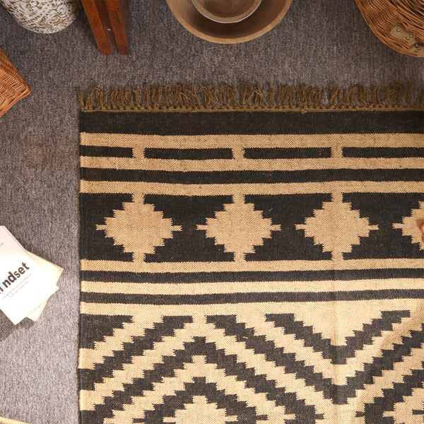 Handwoven Black & Natural Kilim Area Rug Handmade Geometric Jute Rug
