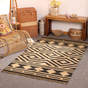 Handwoven Black & Natural Kilim Area Rug Handmade Geometric Jute Rug