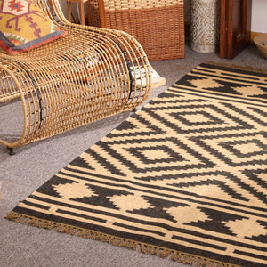 Handwoven Black & Natural Kilim Area Rug Handmade Geometric Jute Rug