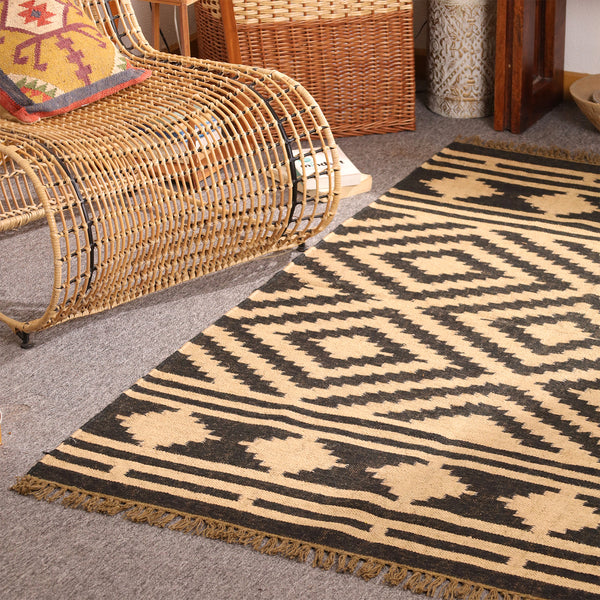 Handwoven Black & Natural Kilim Area Rug Handmade Geometric Jute Rug