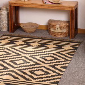 Handwoven Black & Natural Kilim Area Rug Handmade Geometric Jute Rug