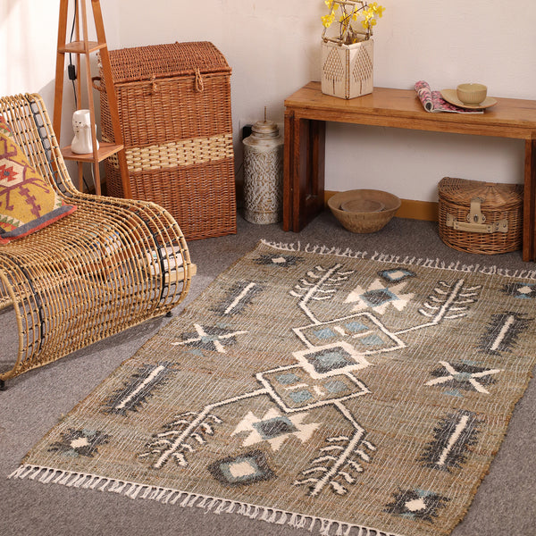 Handwoven Olive Green Kilim Area Rug-Boho Tribal Geometric Cotton Jute